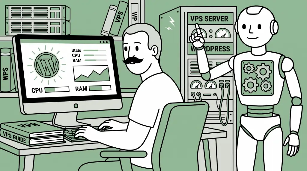 An illustration of a man and robot configuring VPS hosting for WordPress in a 2D line-art style.