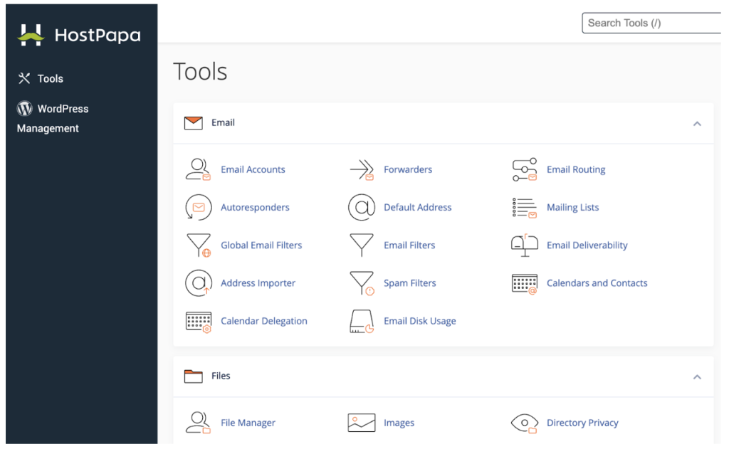 HostPapa CPanel with all available features for a safe web hosting management.