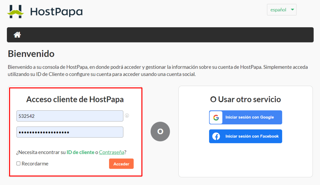 Ingresa tu ID de HostPapa y tu contraseña y haz clic en Acceder.