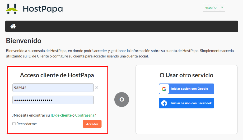 Ingresa tu ID de HostPapa y tu contraseña y haz clic en Acceder. 