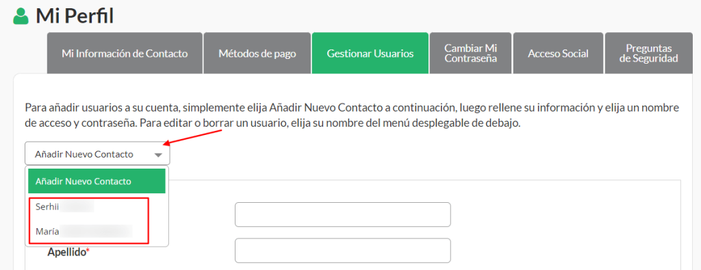 En la pestaña Gestionar Usuarios, haz clic en Añadir Nuevo Contacto para abrir el menú desplegable.