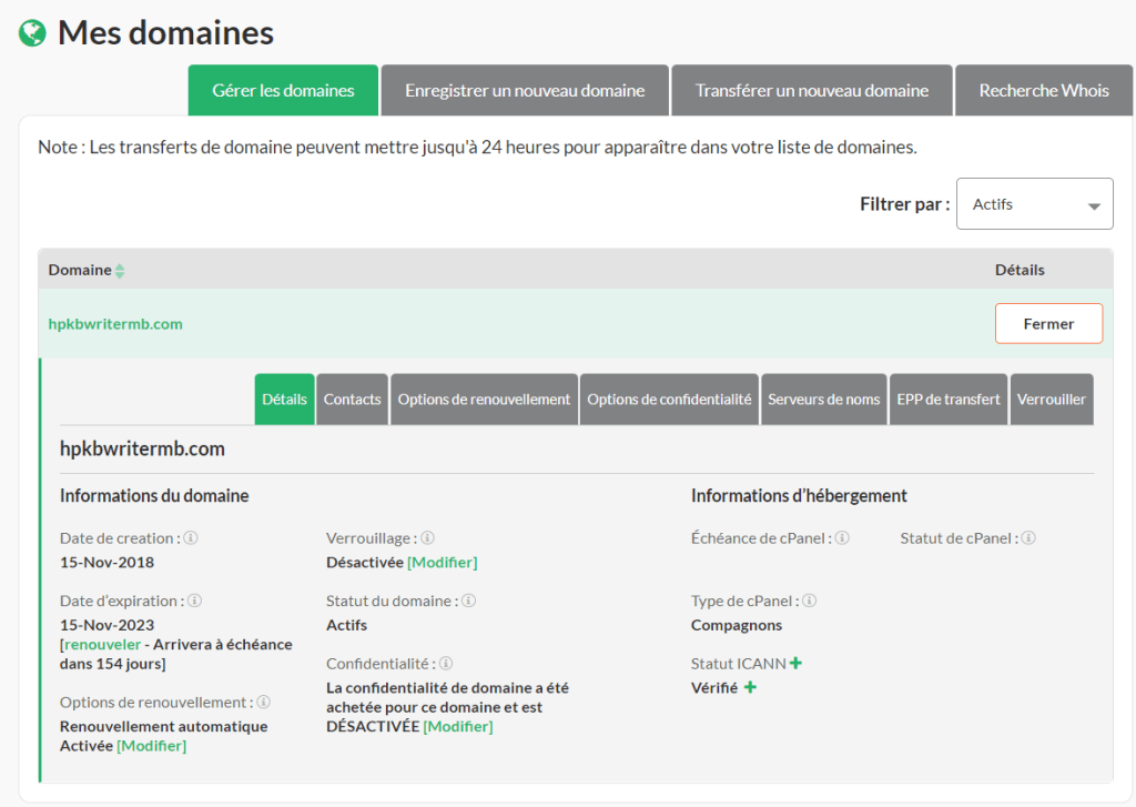 La capture d’écran suivante montre les paramètres du serveur de noms HostPapa