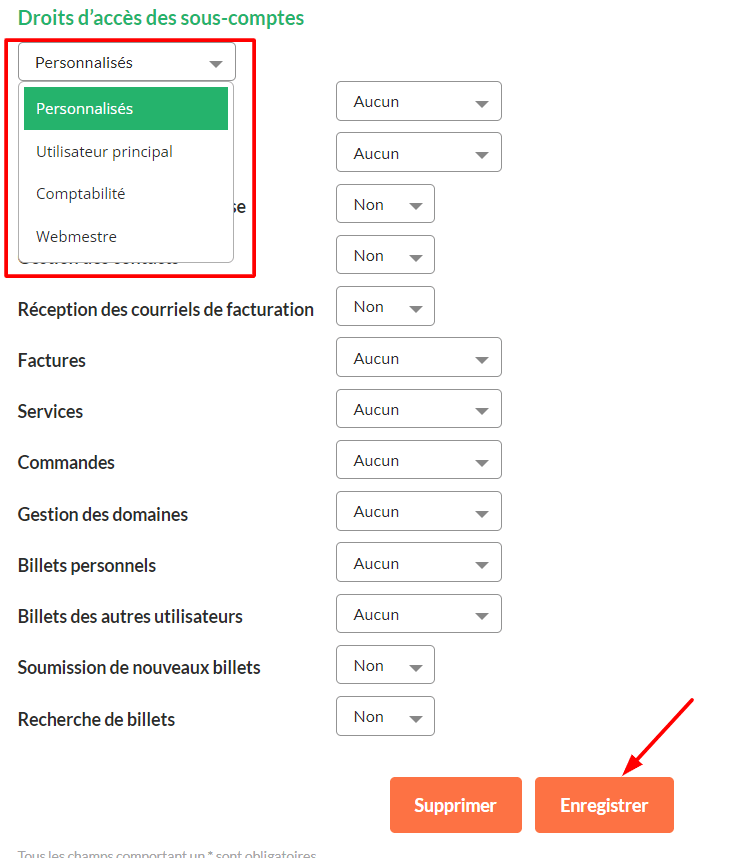 Certains préréglages peuvent être utilisés pour modifier rapidement les autorisations des nouveaux utilisateurs en cliquant sur Personnalisés.