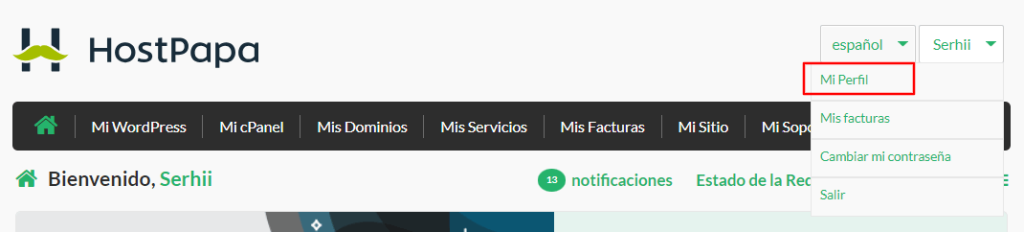 Haz clic en tu nombre en la parte superior derecha de la página, luego selecciona Mi Perfil en el menú desplegable.