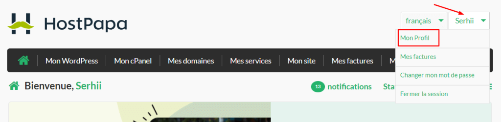 Cliquez sur votre nom en haut à droite de la page, puis sélectionnez Mon profil dans le menu déroulant.