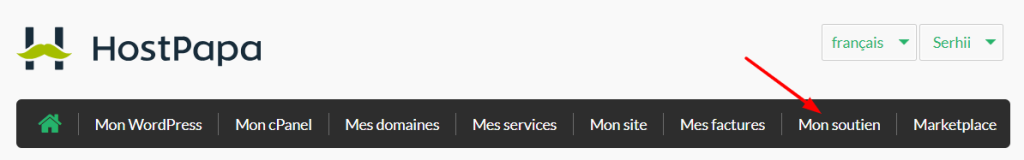 Connectez-vous à votre tableau de bord HostPapa. Cliquez sur Mon soutien.