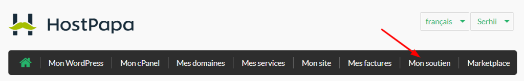 Connectez-vous à votre tableau de bord HostPapa. Cliquez sur Mon soutien. 