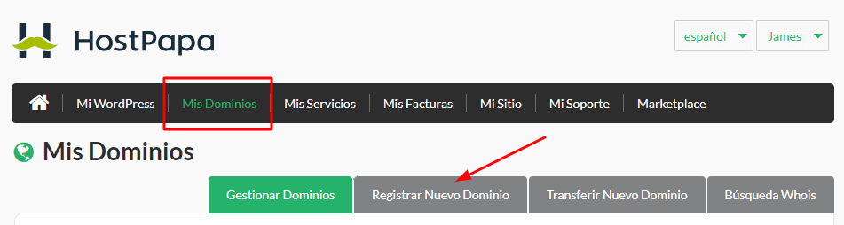 Da clic en Mis Dominios y Registrar nuevo dominio