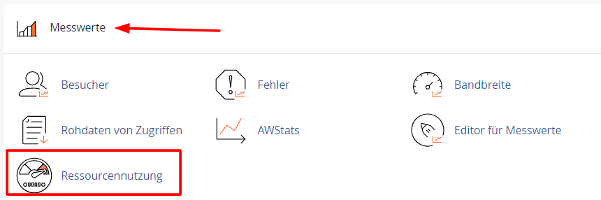 Scrolle nach unten zum Bereich Messwerte. Klicke auf Ressourcennutzung.