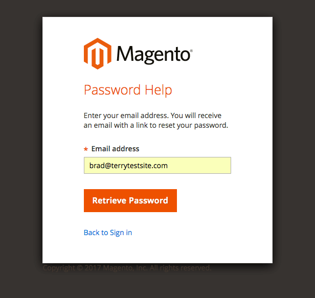 Magento Password Help page