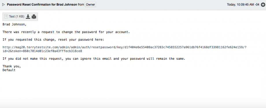 Magento password reset confirmation email