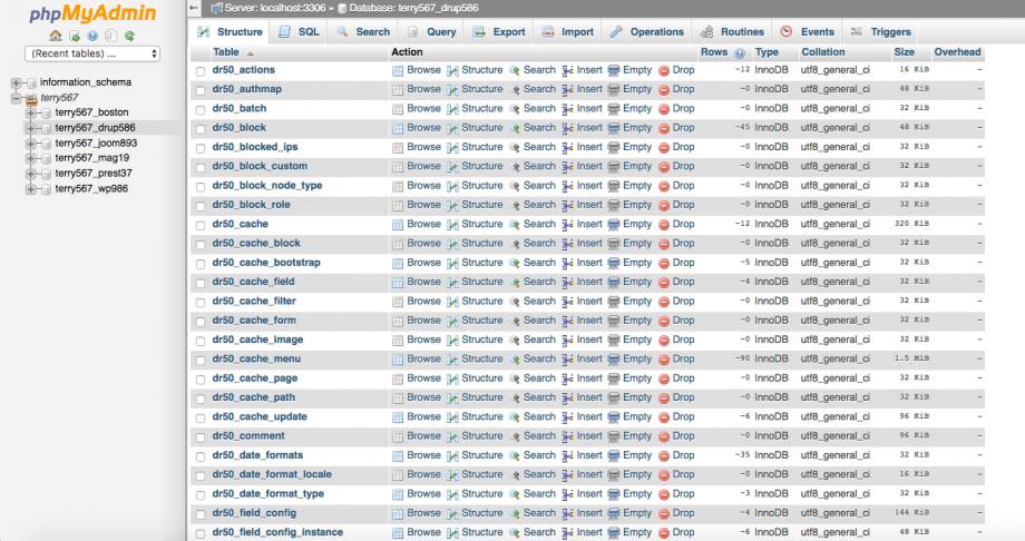 phpMyAdmin database selection