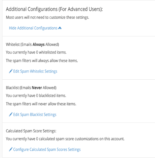 A screenshot of the advanced options, including a blacklist and whitelist.