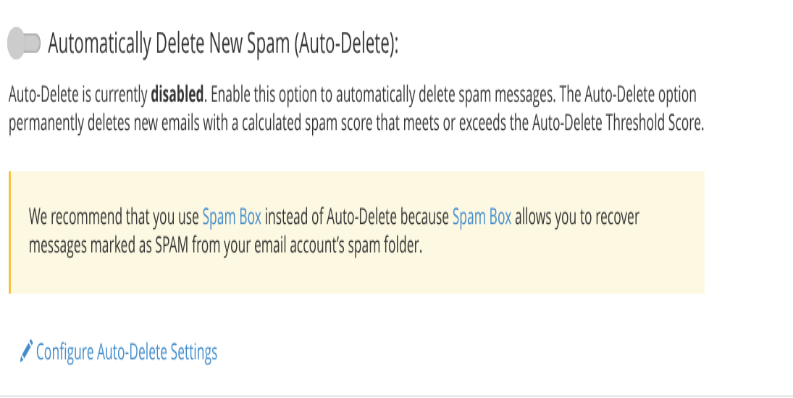 A screenshot of the auto-delete new spam course of action.