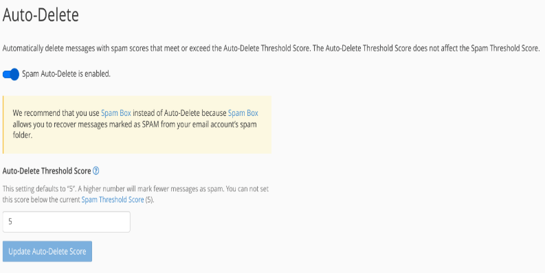 The numbers box for the auto-delete threshold score.