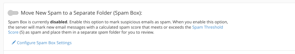 A screenshot of the configure spam box settings section.