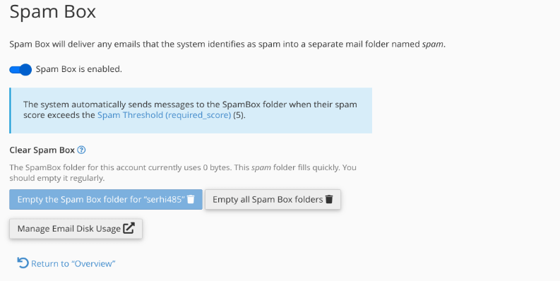 The configure spam box setting page.