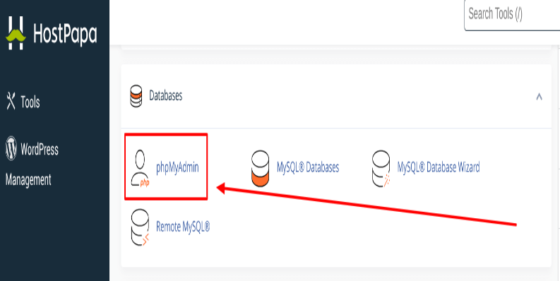 A screenshot of phpMyAdmin in HostPapa.