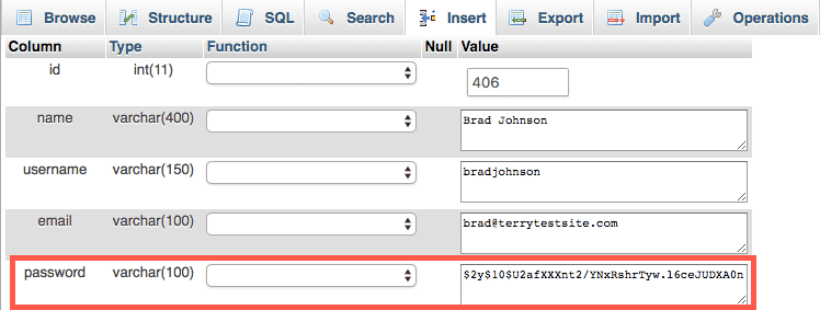 The password field in phpMyAdmin.