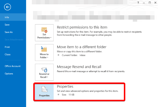 Screenot of Outlook window properties button