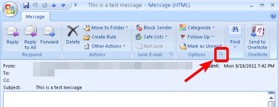 Screenshot of the Outlook 2007 options button