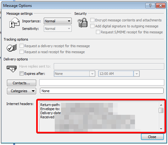 Screenshot of the Outlook 2007 message options dialogue box