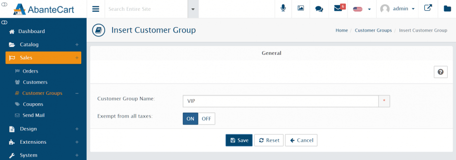 Insert customer group page