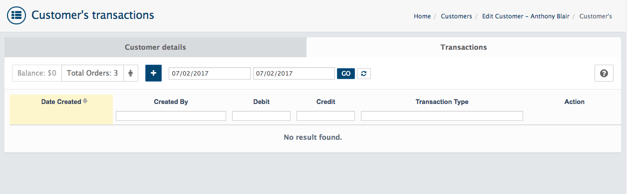 Transactions tab