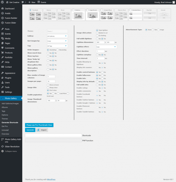 Generate Shortcode page