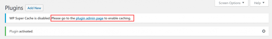 WP Super Cache Settings link