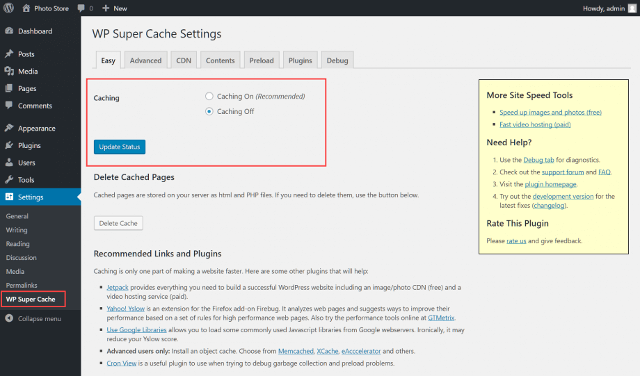 WP Super Cache Settings page