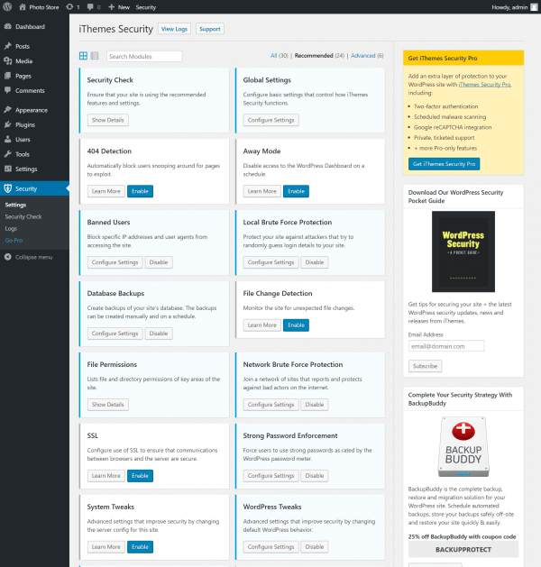 Settings page