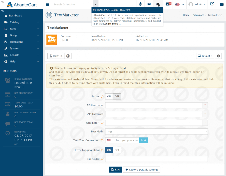 SMS configuration