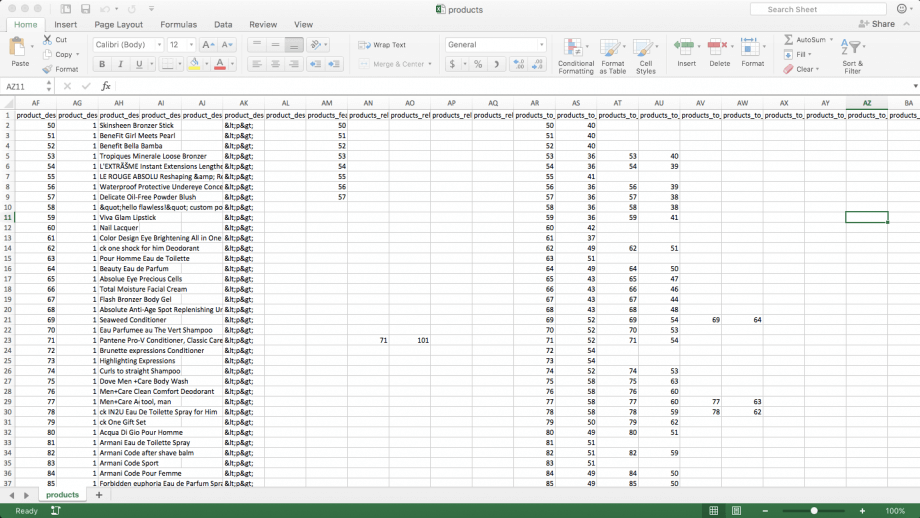 Products spreadsheet