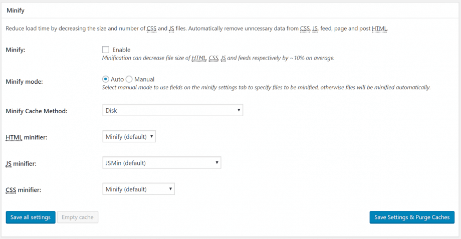 Minify settings