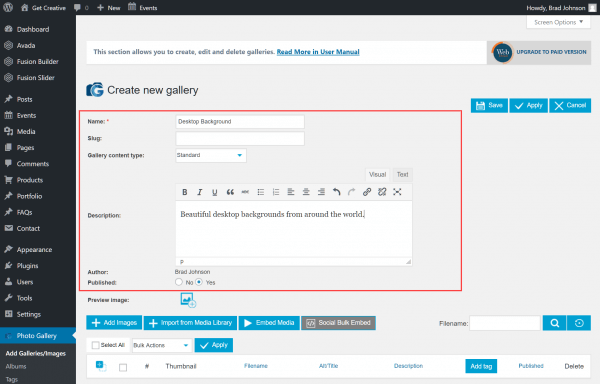 Name and description fields