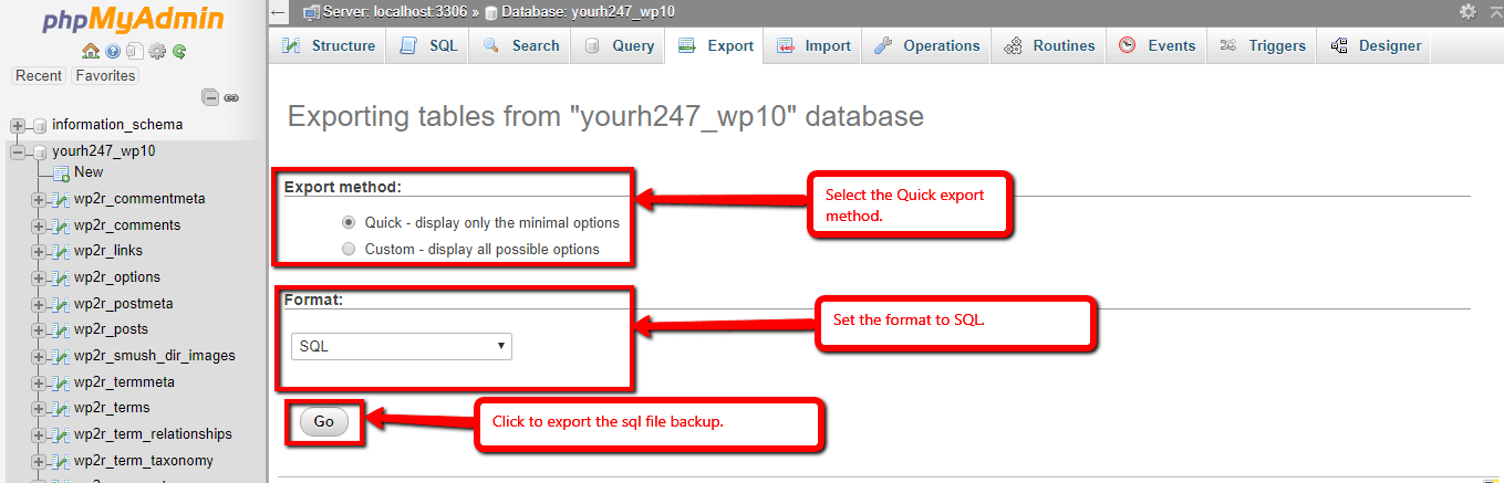 Backup WordPress via phpMyAdmin