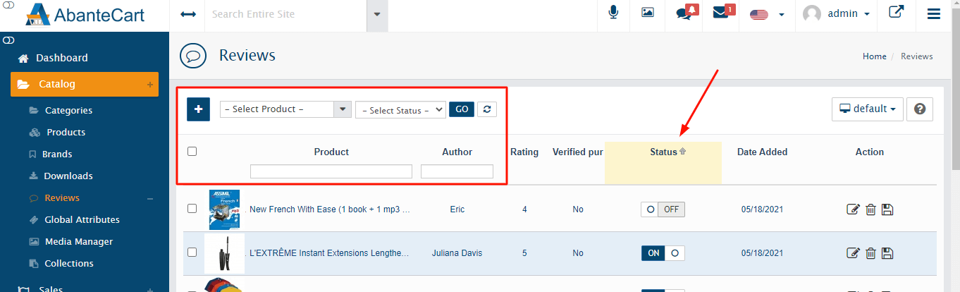 How to activate customer reviews in AbanteCart