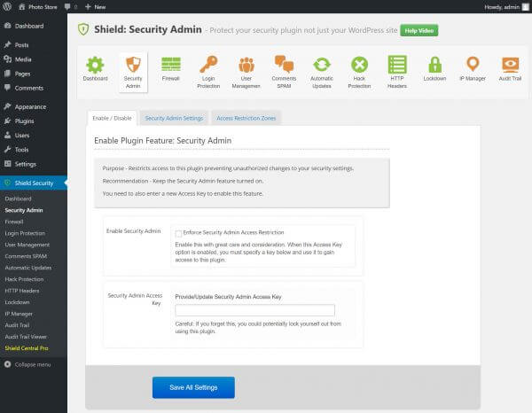 Security admin settings