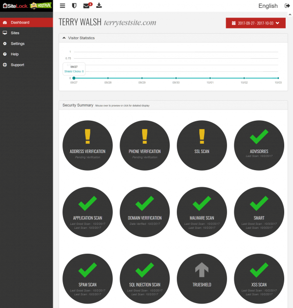 SiteLock Shield dashboard