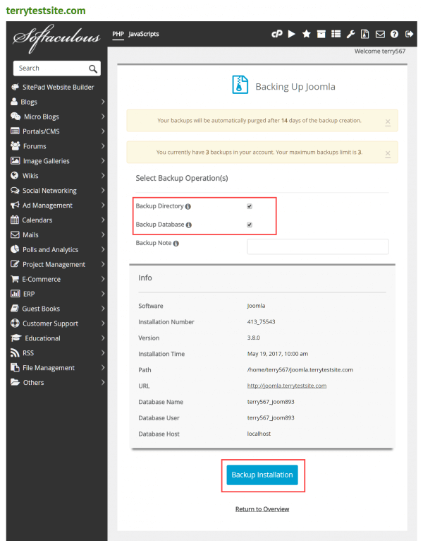 Joomla! Backup Settings