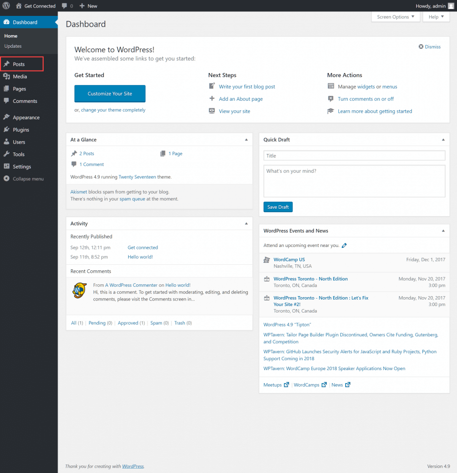 WordPress dashboard