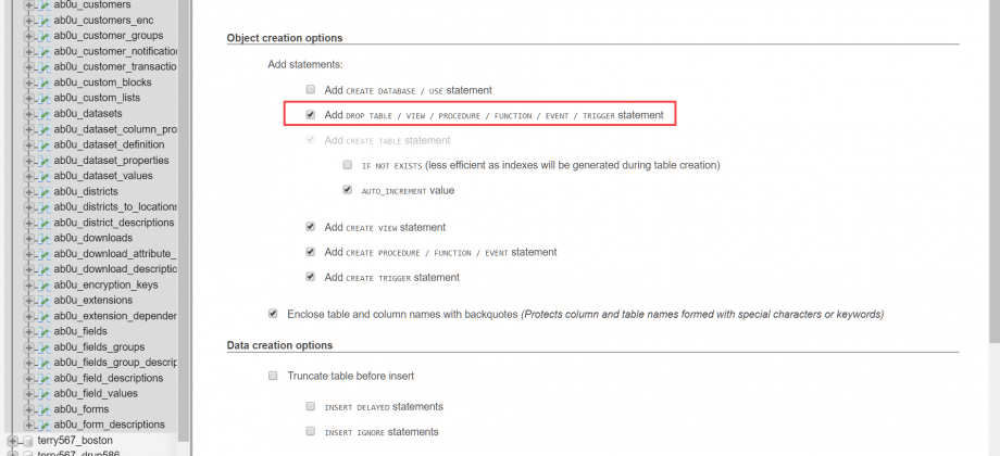 Drop Tables setting