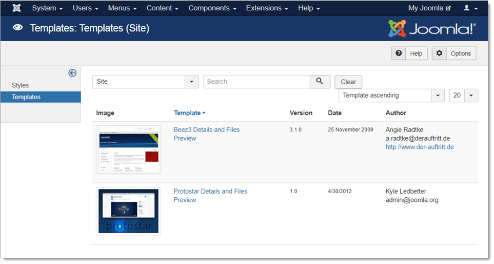 Joomla! Template Manager Templates Screen