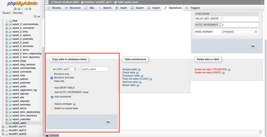 How to use phpMyAdmin to copy a database table