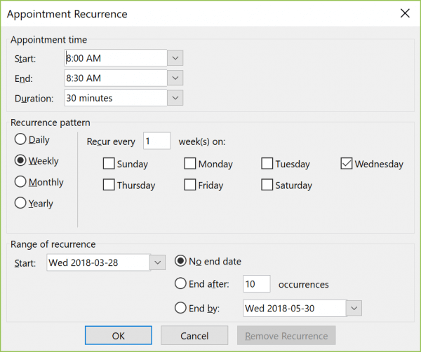 Recurrence settings