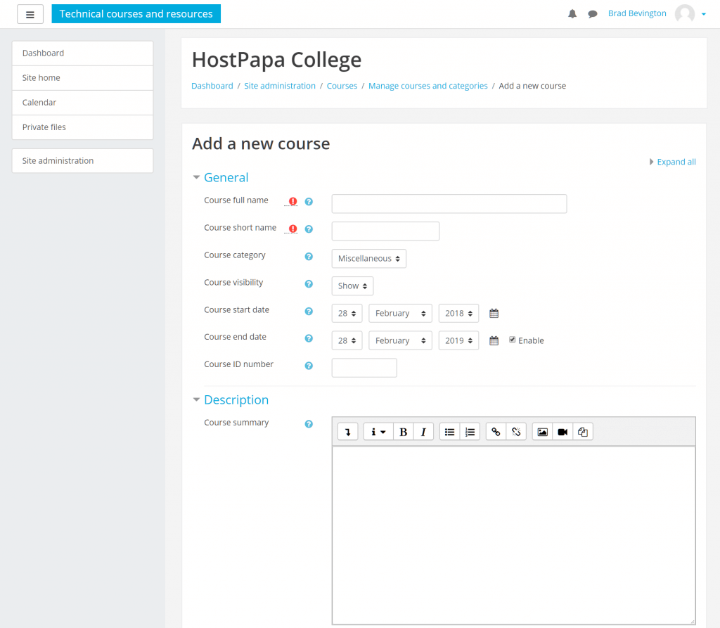 How to create a new course in Moodle 3
