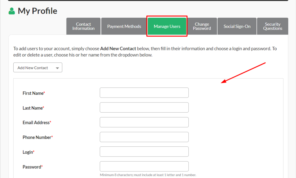 To add a new user, complete the information on the different forms.
