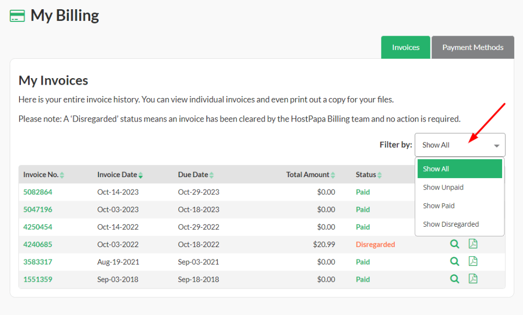 You can filter them by invoice status by clicking Show All to open the drop-down menu.