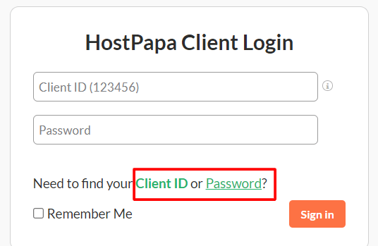 If you have forgotten your Client ID or Password, click on the corresponding link below the information fields.